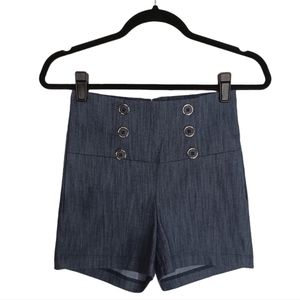 Dark Blue Chambray Button Detail High Rise High Waist Shorts X Small